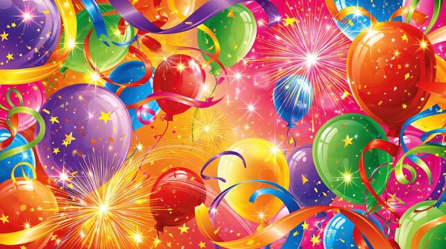 Colorful balloons and streamers during a festive celebration with bright fireworks illuminating the background