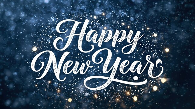 Happy New Year handwritten text with sparkling bokeh lights and confetti during a festive celebration