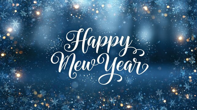 Happy New Year text with bokeh lights and snowflakes during winter celebration with soft focus