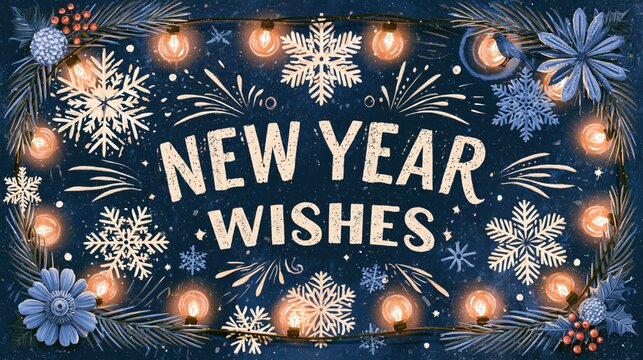 New Year Wishes text surrounded by glowing string lights and festive winter snowflakes on a dark blue background