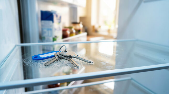 Set of keys with blue tag lying on glass shelf inside refrigerator, forgetfulness and absent minded concept with copy space