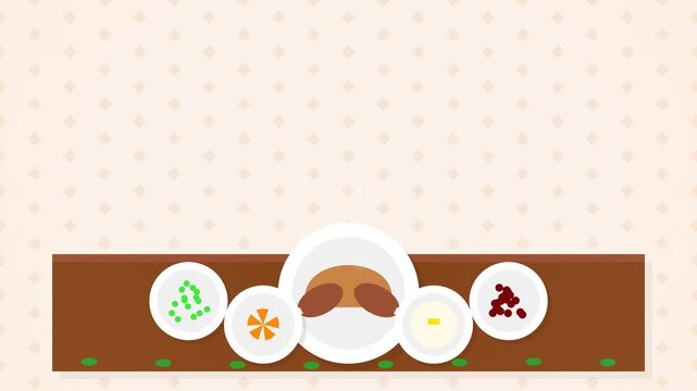 Flat illustration of a chef presenting various food dishes on a table.