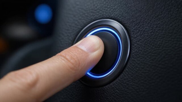 Close up of finger pressing illuminated start button on modern car dashboard