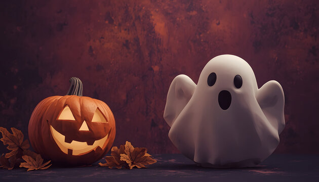 Illuminated jack o lantern beside friendly white ghost figure against dark textured autumnal