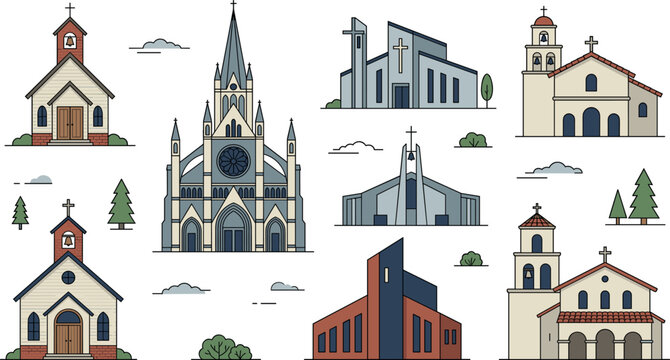 Christian Church Building Icon Set Featuring Gothic Cathedral Modern Chapels Mission Style Architecture and Traditional Houses of Worship for Religious Graphic Designs