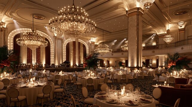 Elegant ballroom with chandeliers and candlelit tables set for a grand event during nighttime