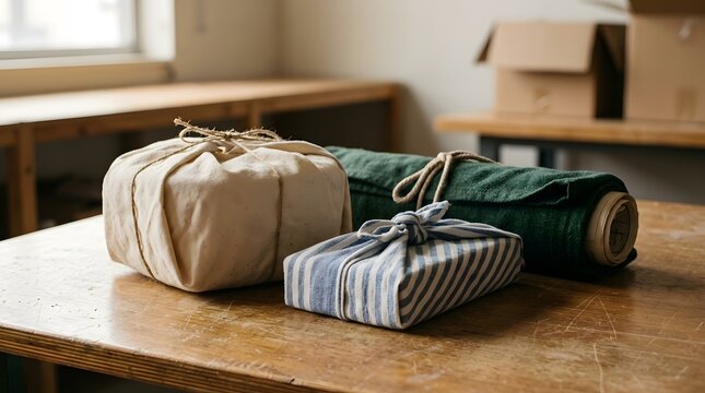 Selection of furoshiki wrapped gifts including cream fabric bundle with twine and blue striped cloth package resting on wooden workbench near green fabric roll in bright workspace environment.