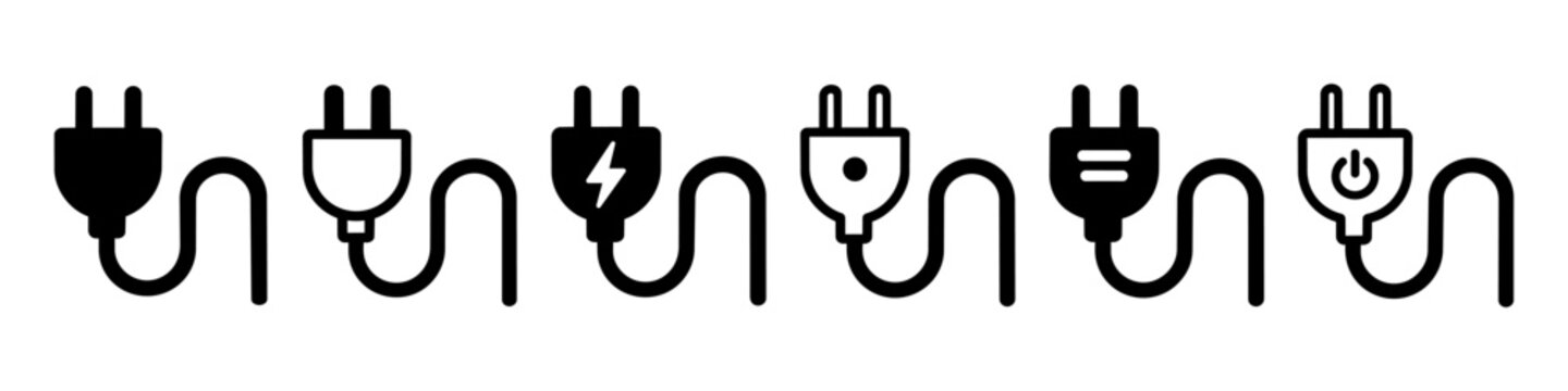 Electrical Plug icon Set with power symbols for energy, connection and hardware. These icons represent voltage, charging, utility, technology and connectivity. Editable Stroke, Vector Illustration.