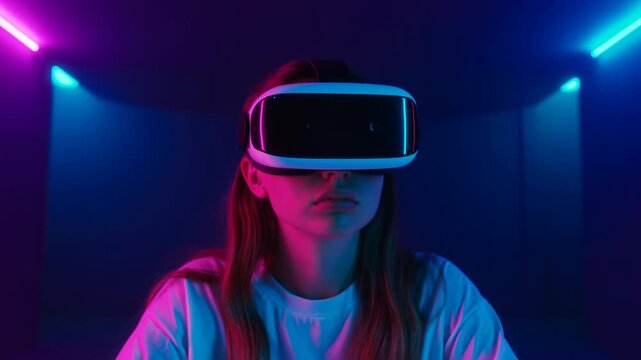 Woman wearing virtual reality headset faces forward as view gradually widens, revealing white shirt and dark interior illuminated by vivid magenta and cyan lights on both sides