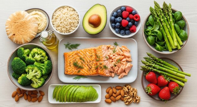 A vibrant assortment of healthy foods is arranged on a light wooden surface. A salmon fillet sits prominently in the center, surrounded by bowls filled with various vegetables and fruits.