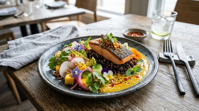 A beautifully plated salmon dish sits on a rustic wooden table. The salmon fillet is topped with a dark, flavorful crust and rests upon a bed of vibrant salad.