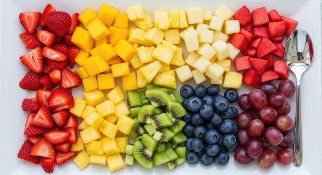 A white platter displays a vibrant rainbow assortment of fresh fruit. Strawberries, watermelon, cantaloupe, kiwi, blueberries, and grapes are arranged in distinct color sections.