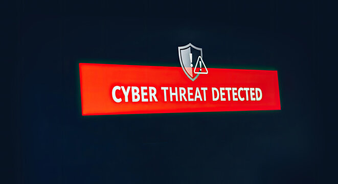 A dark screen displays a prominent red alert banner with the text "CYBER THREAT DETECTED". A shield icon with an exclamation point is positioned above the banner.