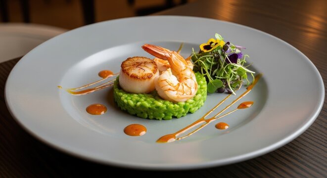 A beautifully plated dish features seared scallops and a grilled shrimp atop a bed of vibrant green risotto.