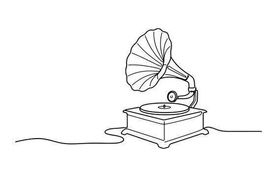 Continuous single line drawing of an old vintage gramophone record player isolated on transparent background