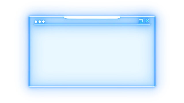Neon glowing browser window interface, Glowing blue web browser window frame with blank space, isolated on transparent background for technology, app, website, and interface design.