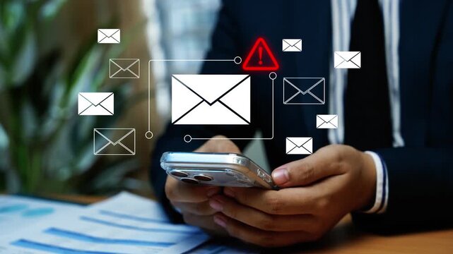 Email phishing warning holographic animation on smartphone, Businessman using a smartphone with floating email icons and a red warning sign, showing phishing, spam alerts and mobile security.
