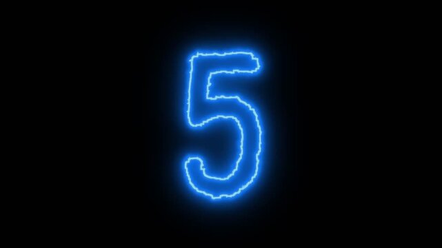 Neon electric countdown animation numbers five four three two one with glowing blue lightning outline effect, futuristic light effect on black background, 4K video overlay