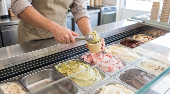 Gelato shop worker scooping pistachio ice cream into paper cup behind display counter, small business dessert store interior, culinary food service photography