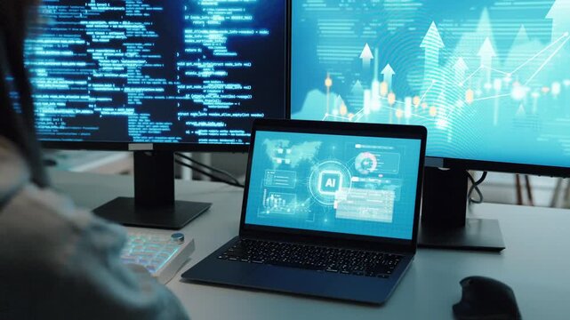 AI dashboard on laptop screen, developer working at desk with code and financial chart monitors
