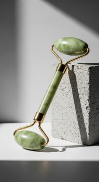Green jade face roller for facial massage and skin care beauty routine