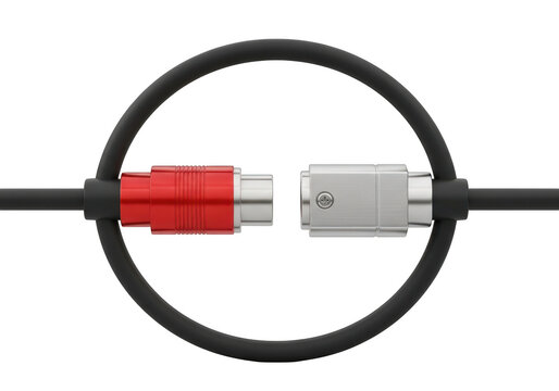 3d icon of closeup of a red and silver rca audio connector with a black cable forming a circle isolated on transparent background