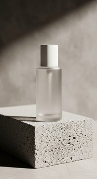 Glass perfume bottle standing on a textured stone block in a minimalist studio setting