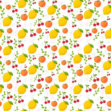 Seamless pattern of lemons, peaches, cherries, and green leaves on white background