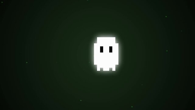 Cute glowing white pixel art ghost character illustration on dark ambient background. Great for retro gaming halloween and 8bit style graphics.