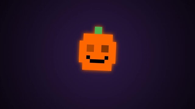 Cute glowing 8-bit pixel art pumpkin jack o lantern illustration with a smiling face on a dark purple background. Great for retro gaming theme.