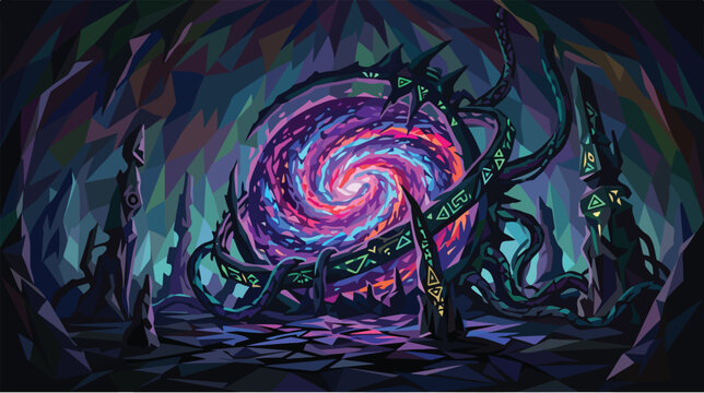 Cosmic vortex portal in cavern illustration. Low poly galaxy wormhole backdrop. Fantasy runic gateway vector art.