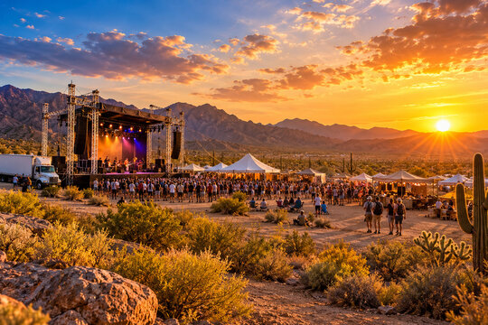 Desert music festival at sunset with live stage, crowd, vendor tents and mountain views beneath a dramatic sky, blending outdoor concert energy, travel, nature and golden desert landscape.