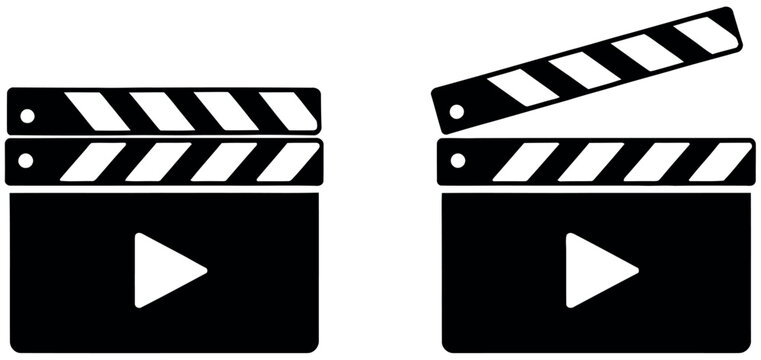 Cinema clapperboard and movie production icon set featuring closed and open director clapboards with play buttons for video recording and film production in black vector