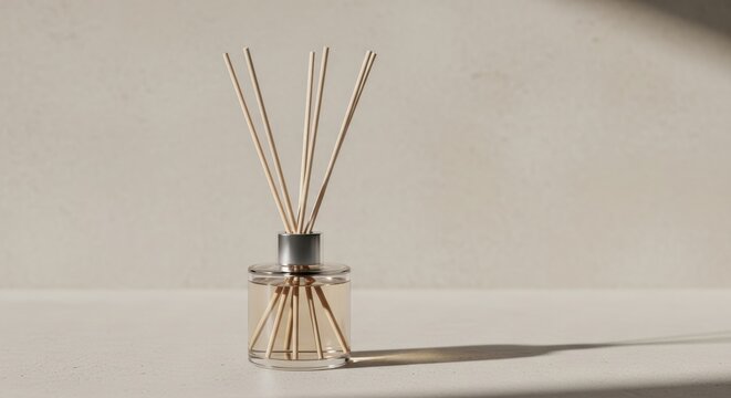 Glass reed diffuser bottle with wooden sticks for home fragrance and aromatherapy relaxation