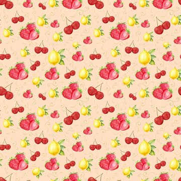 Watercolor seamless pattern of fresh strawberries, cherries, and lemons on soft peach background
