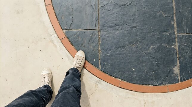 Feet standing on circular floor design with orange border in modern
