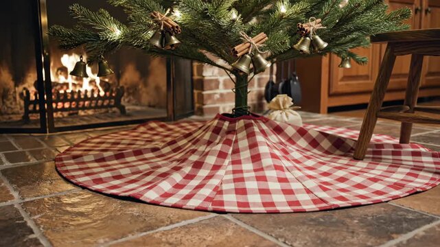 A red and cream gingham tree skirt pools beneath a Christmas tree decorated with brass bells and cinnamon ties, while a blazing stone hearth and flagstone tiles create a nostalgic cabin mood.