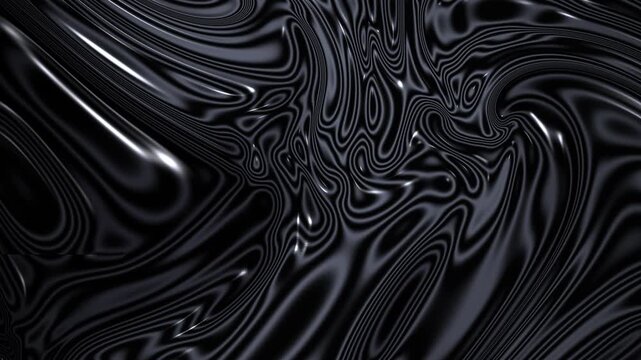 Abstract black liquid metal fluid flowing smoothly with reflective shiny metallic curves and ripples