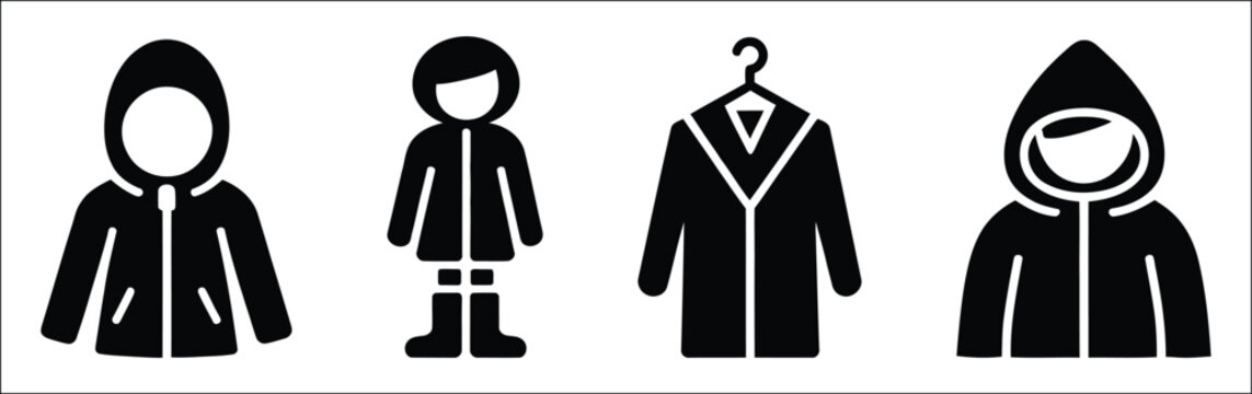 Hoodie and jacket icon set, featuring hooded raincoat, parka coat on hanger, and winter outerwear symbols in solid black vector style.