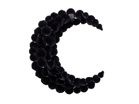 Crescent moon shape made of black rose petals on transparent