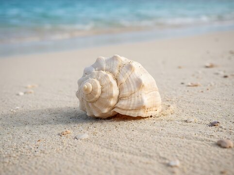 A beautiful seashell resting on the sandy beach by the ocean