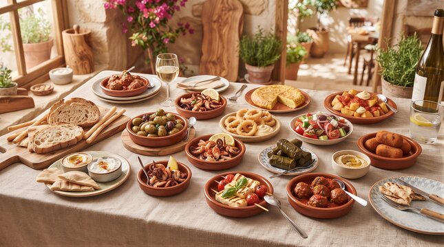 Mediterranean tapas spread laid out on sunlit rustic table
