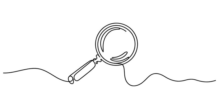 Magnifying glass drawn with one single continuous black line on a plain background for minimal design and creative business concepts isolated on transparent background, illustration