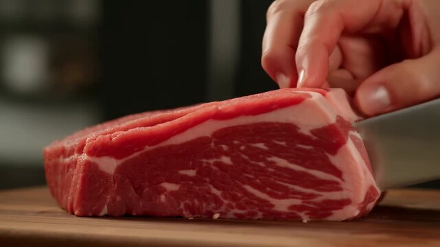 Hands slice marbled raw beef with large kitchen knife on wooden cutting board, showing red meat and white fat in close side view under warm light against blurred dark background