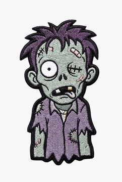 Colorful embroidered patch featuring a funny cartoon zombie character with purple hair isolated on a white background