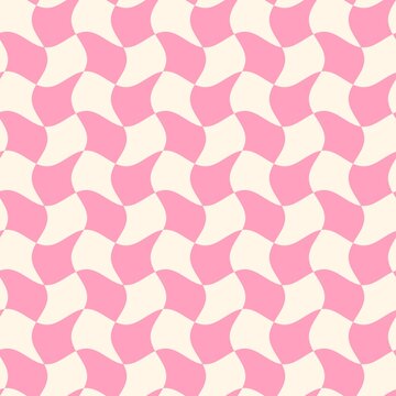 Seamless wavy checkerboard pattern in pink and cream, retro Y2K groovy warped checkered background