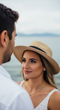 Beautiful young couple looking at each other romantically on a sunny beach vacation