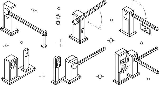 Isometric parking barrier gate line art icon set featuring automatic boom gates ticket machines scanner vector outline bundle