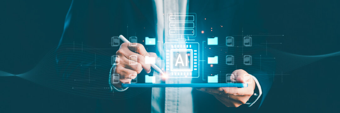 Banner of Business man using tablet with AI automation technology, data management system. Digital transformation, artificial intelligence, big data analytics and futuristic networking