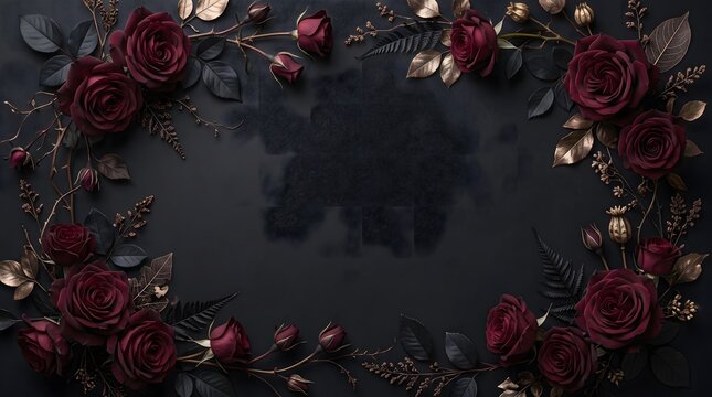 AI-generated gothic floral frame featuring layered burgundy roses, delicate black leaves, twisting stems, and dried botanical details along the outer edges.